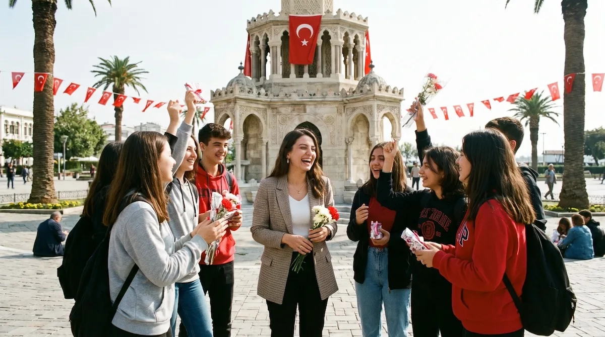 izmir saat kulesi önünde öğretmen ve öğrenciler